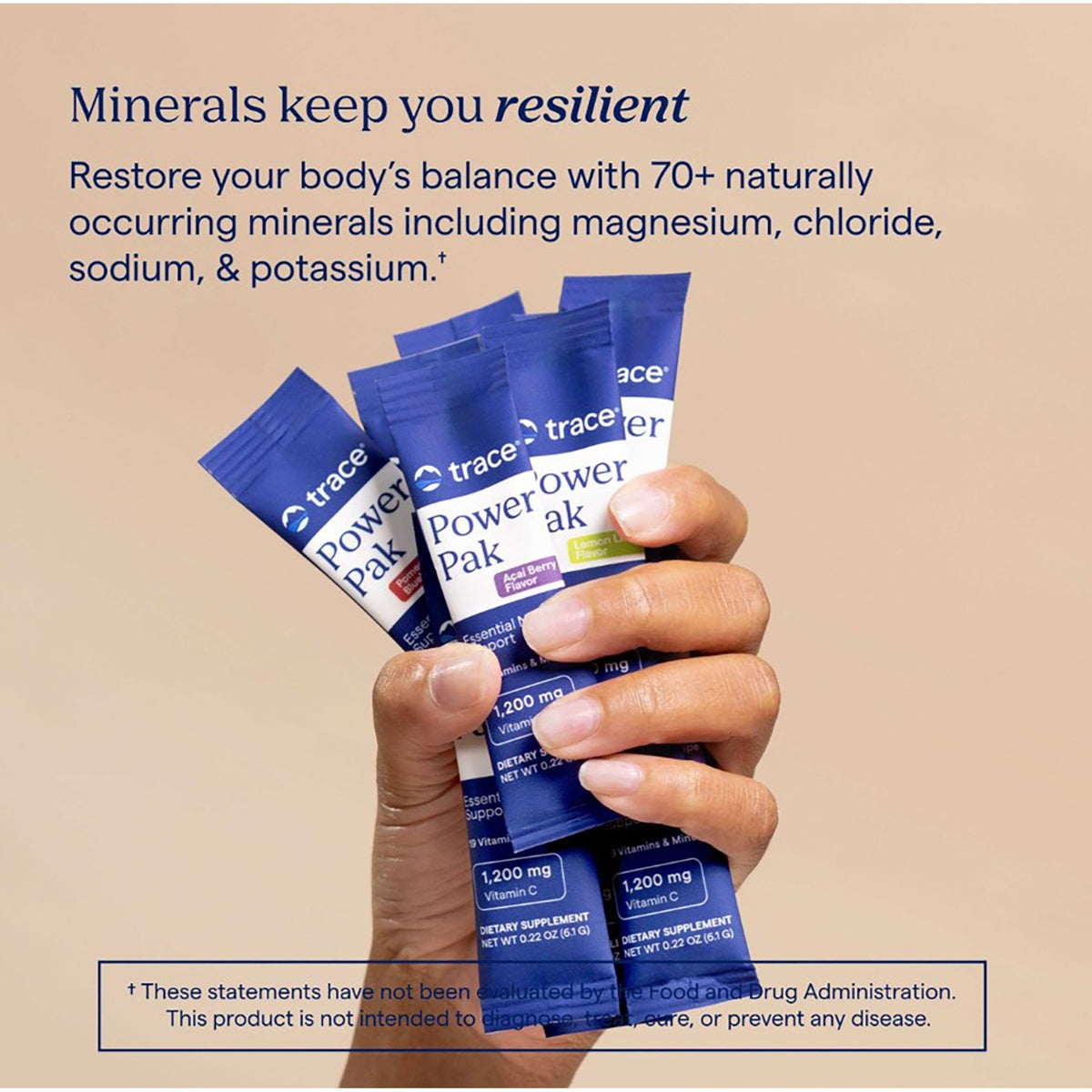 TM046 | Trace Power Pak mineral supplement sachets held in a hand with resilience messaging