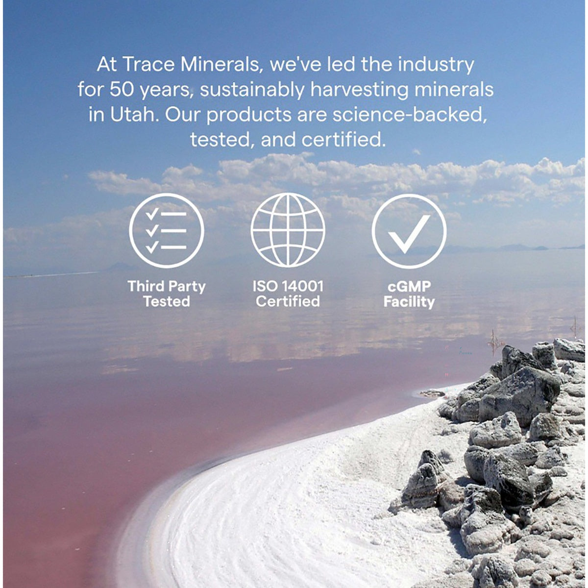 TM096 | Trace Minerals brand infographic with sustainability and certification claims
