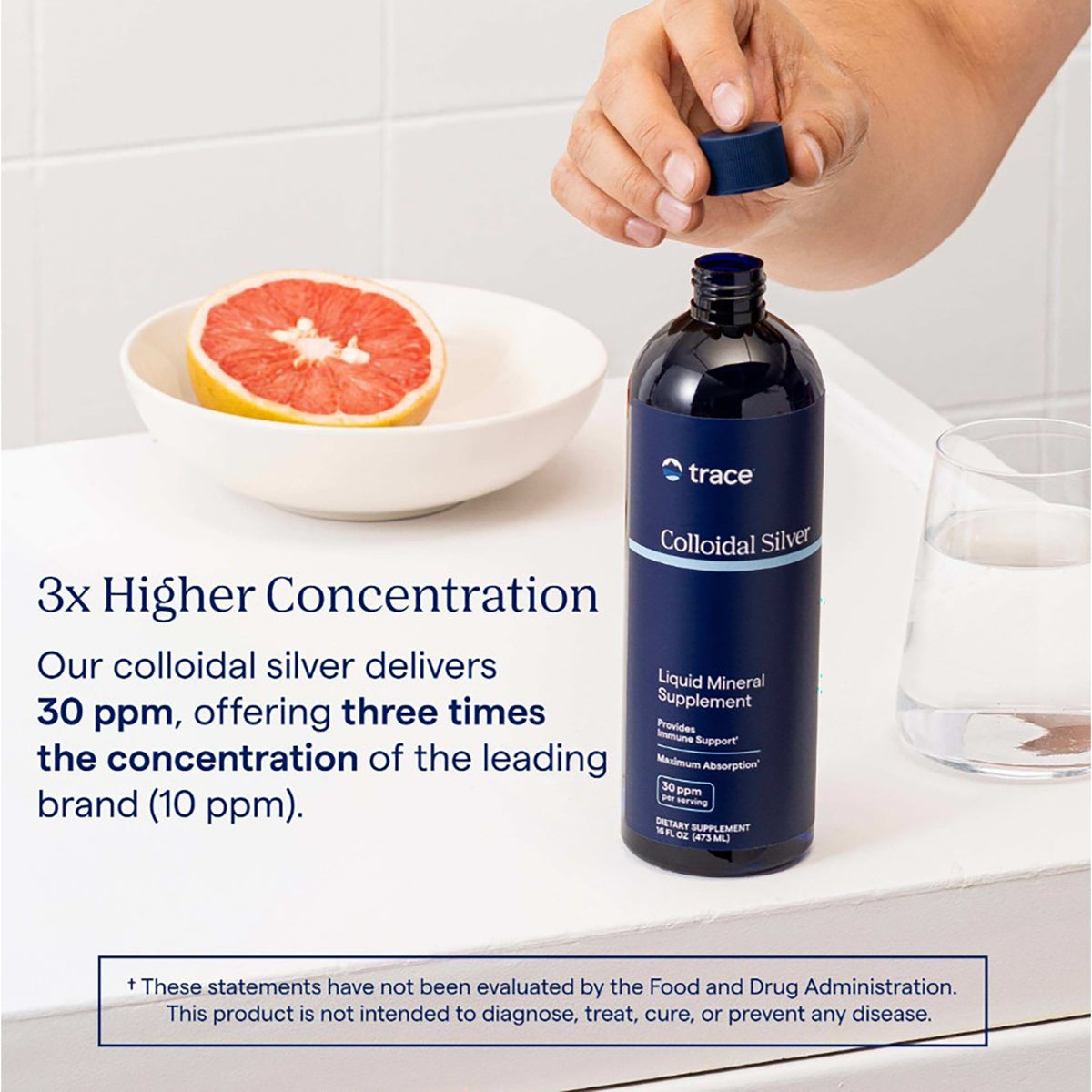 TM096 | Colloidal silver bottle with 3x higher concentration claim and 30 ppm text