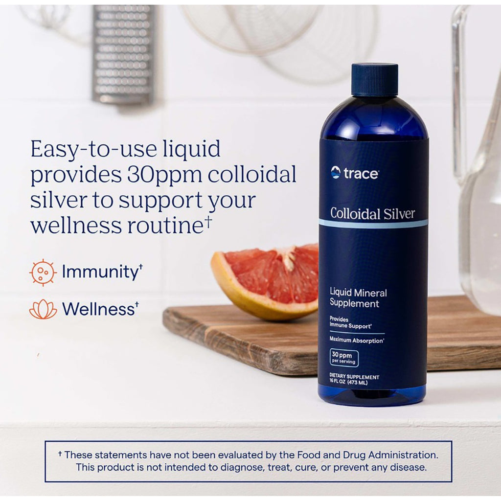 TM096 | Trace Colloidal Silver liquid mineral supplement bottle with immunity and wellness claims - Thumbnail