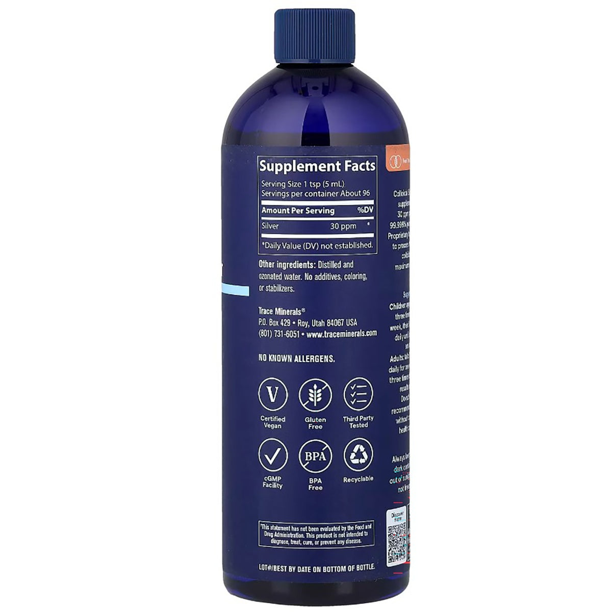 TM096 | Back label with Supplement Facts for silver 30 ppm and ingredients on blue bottle