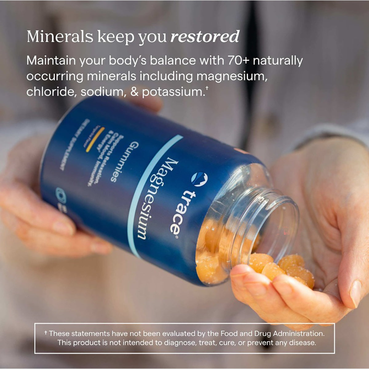 TM138 | Trace Magnesium gummies poured from a blue bottle, with text about 70+ naturally occurring minerals
