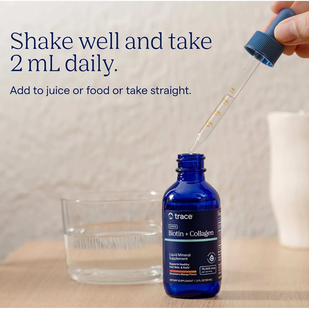TM147 | Trace Ionic Biotin + Collagen liquid supplement bottle on a table with the tagline Nourish from within - Thumbnail