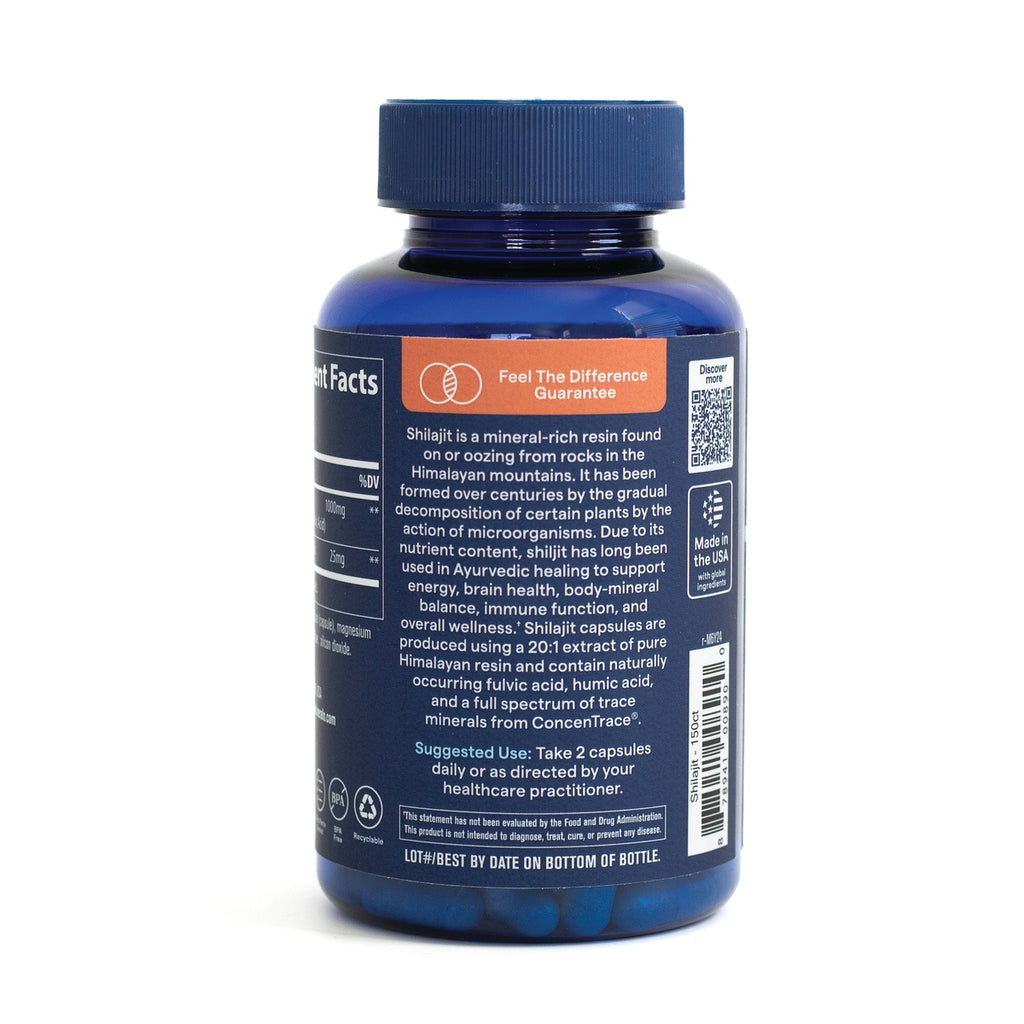 TM156 | Back label of shilajit supplement bottle with Feel The Difference Guarantee, usage: Take 2 capsules daily - Thumbnail