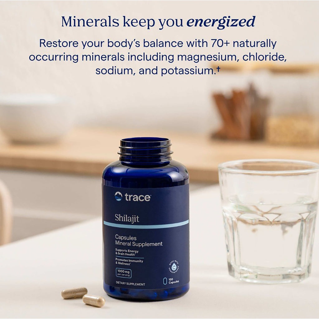 TM156 | Trace Shilajit capsules with glass of water and minerals keep you energized text - Thumbnail