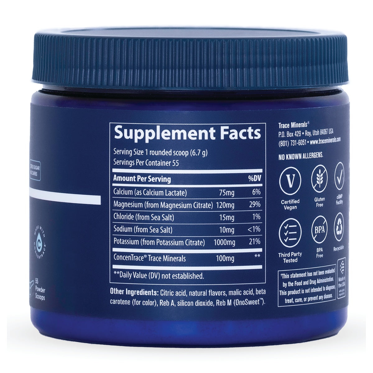 TM162 | Back label with Supplement Facts panel, serving size 1 rounded scoop (6.7 g), icons: Vegan, Gluten Free, BPA Free