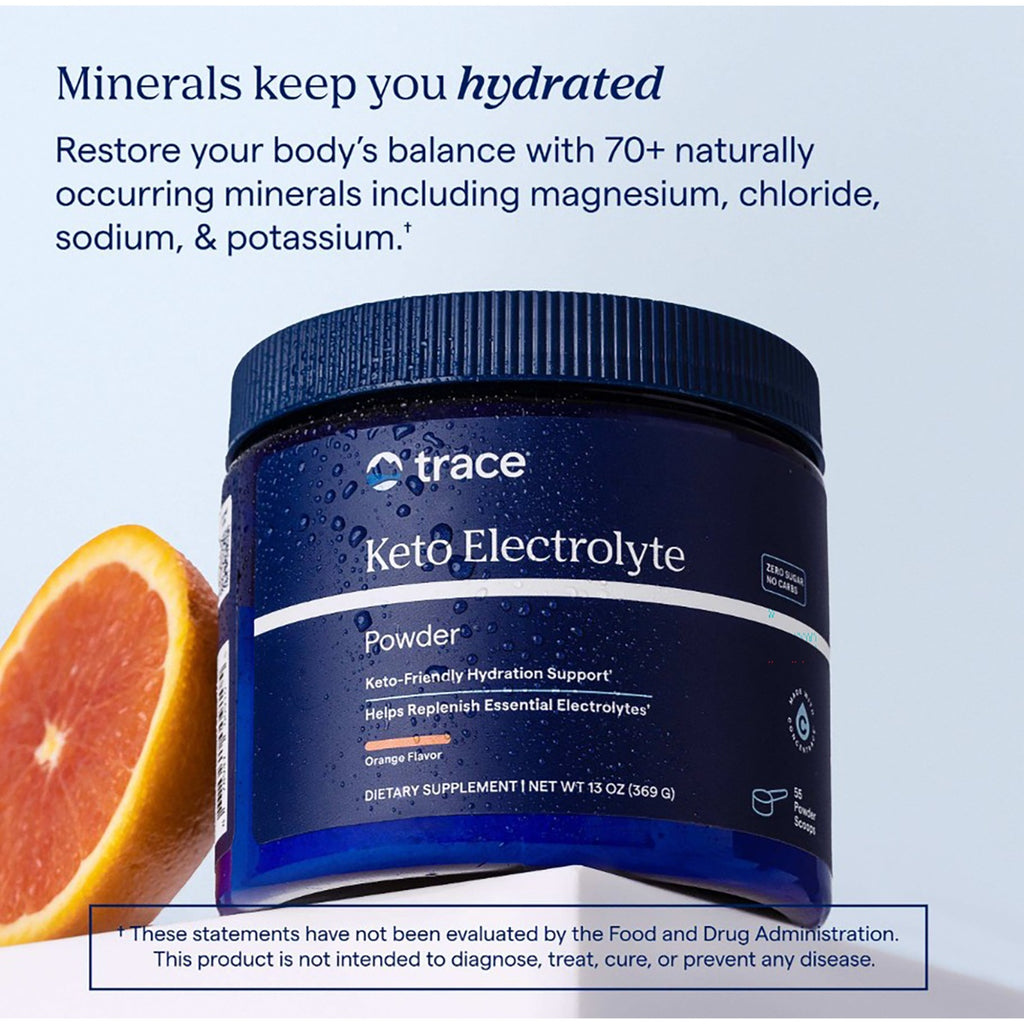TM162 | Trace Keto Electrolyte Powder jar in orange flavor with hydration benefits and mineral claims - Thumbnail