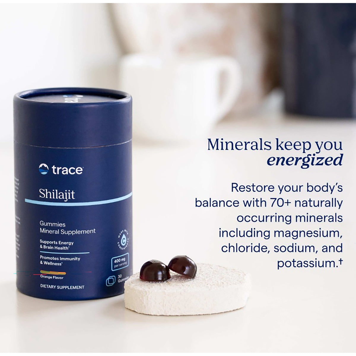 TM164 | Trace Shilajit Gummies supplement jar with two gummies and mineral benefit text