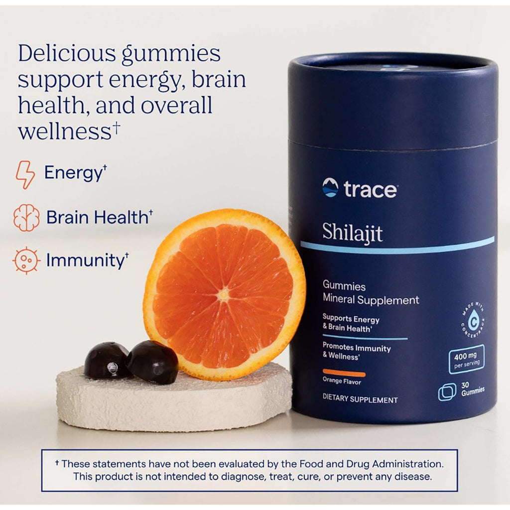 TM164 | Trace Shilajit gummies supplement with orange slice and benefit callouts for energy, brain health, and immunity - Thumbnail