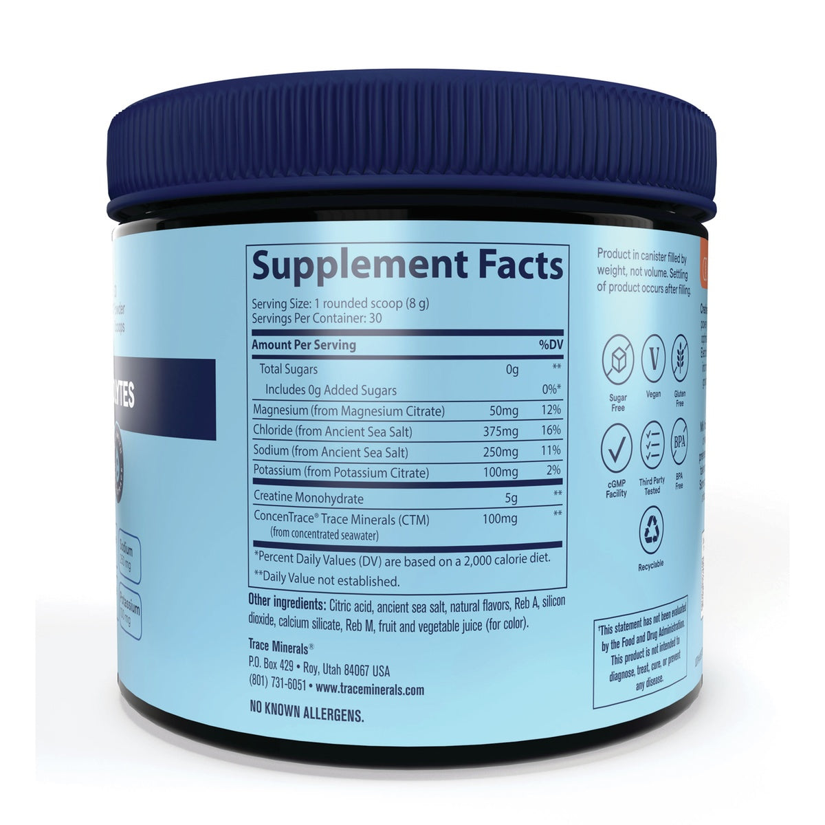 TM175 | Supplement Facts panel on a Trace Minerals canister with ingredients and certification icons