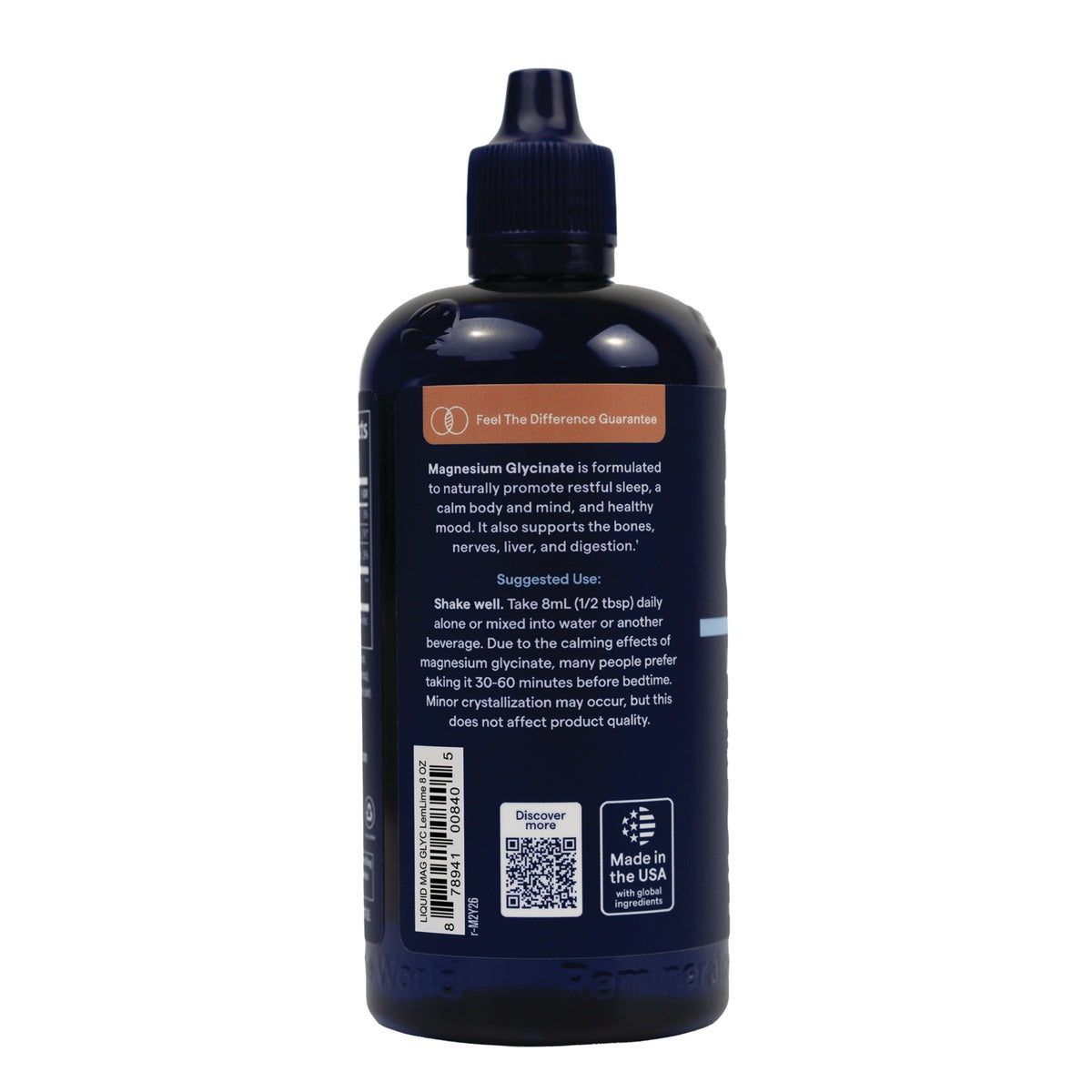 TM178 | Back of liquid magnesium glycinate bottle with suggested use, QR code, and Made in the USA badge