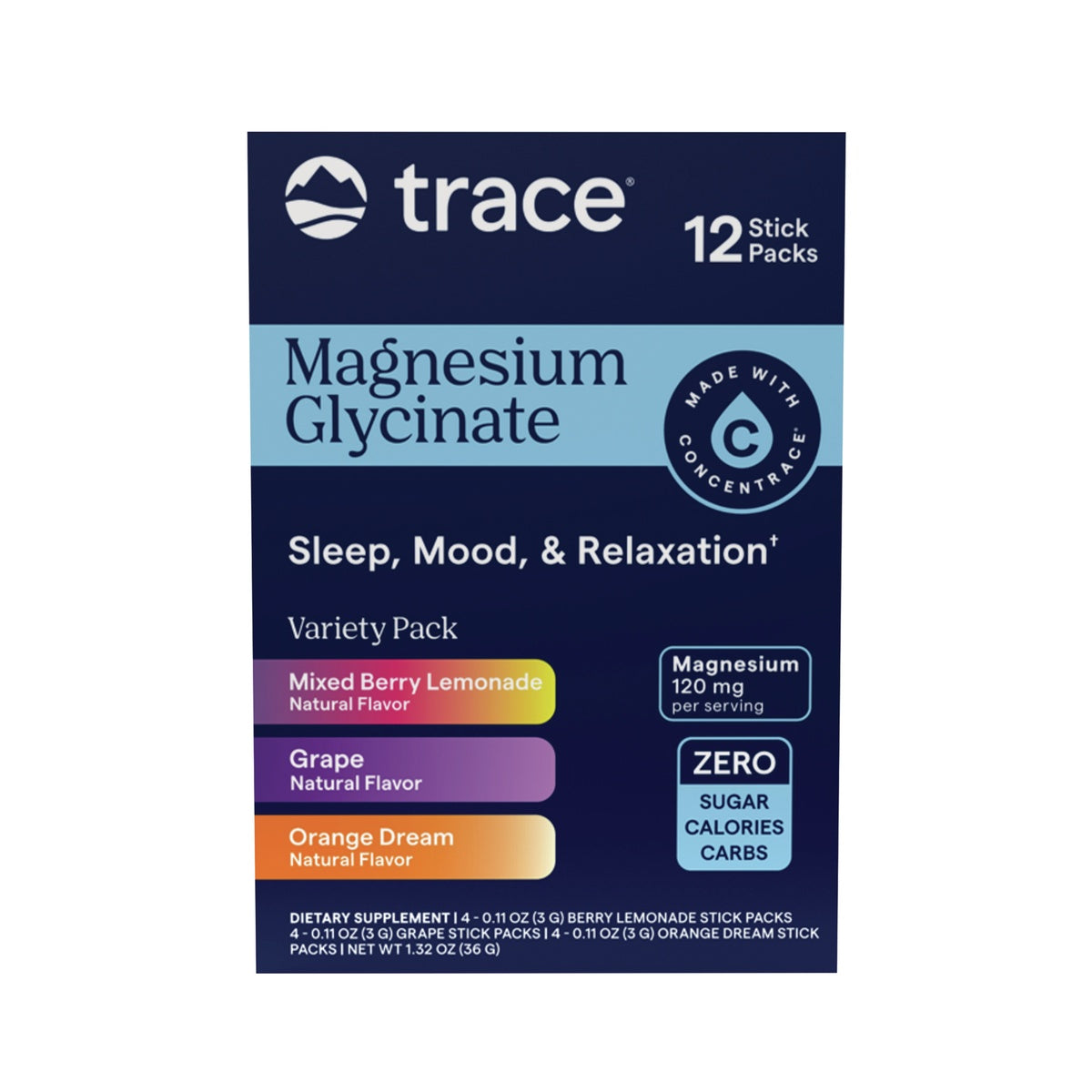 TM179 | Trace Magnesium Glycinate variety pack, 12 stick packs, mixed berry lemonade, grape, and orange dream
