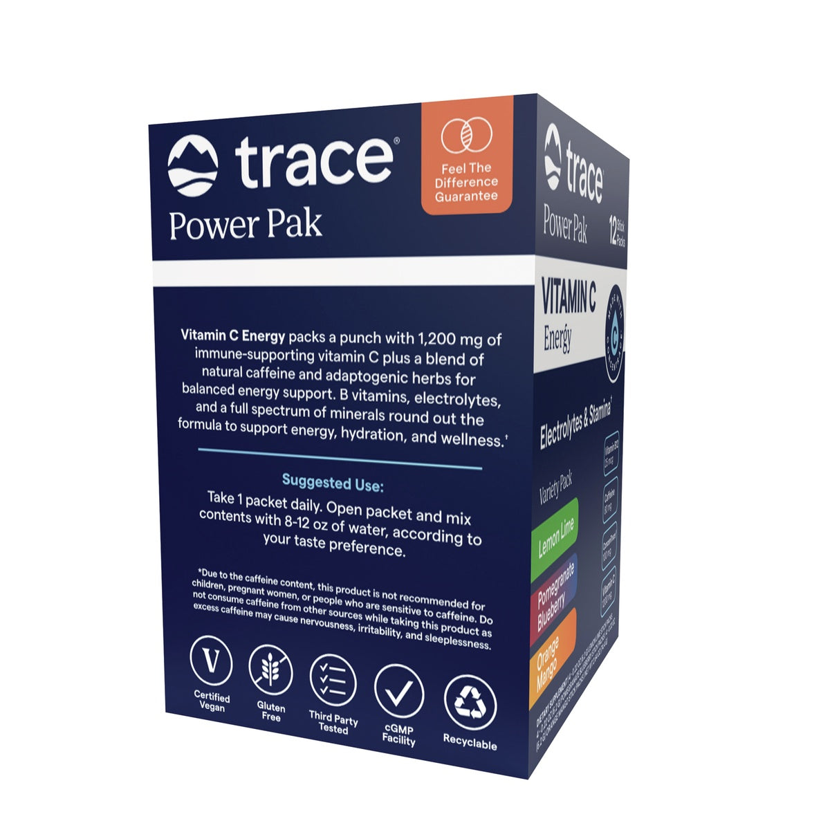 TM180 | Trace Power Pak Vitamin C Energy variety pack box with lemon lime, pomegranate blueberry, and orange mango flavors