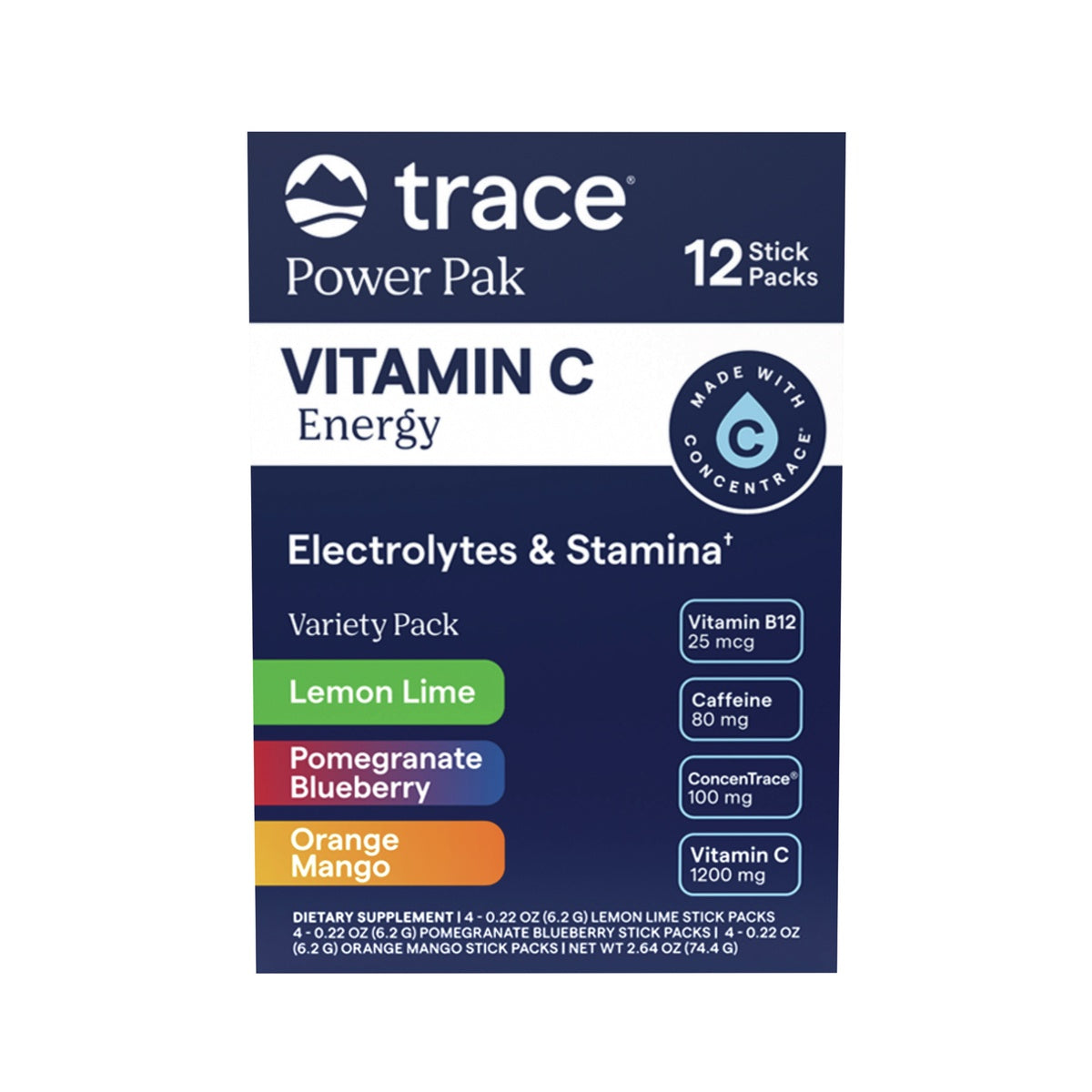 TM180 | Trace Power Pak Vitamin C Energy variety pack stick packs with lemon lime, pomegranate blueberry, and orange mango