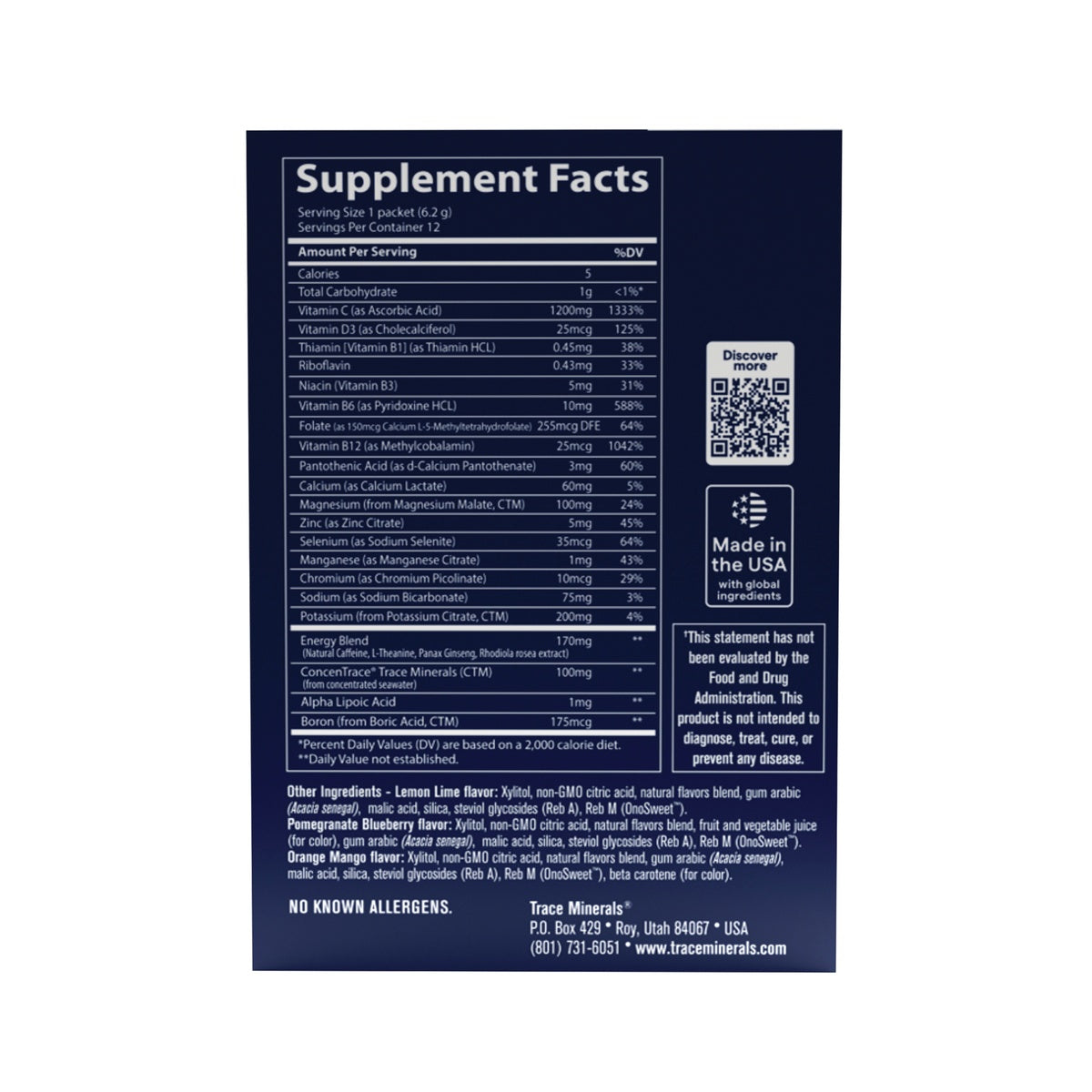 TM180 | Supplement Facts panel with ingredients, QR code, and Made in the USA badge