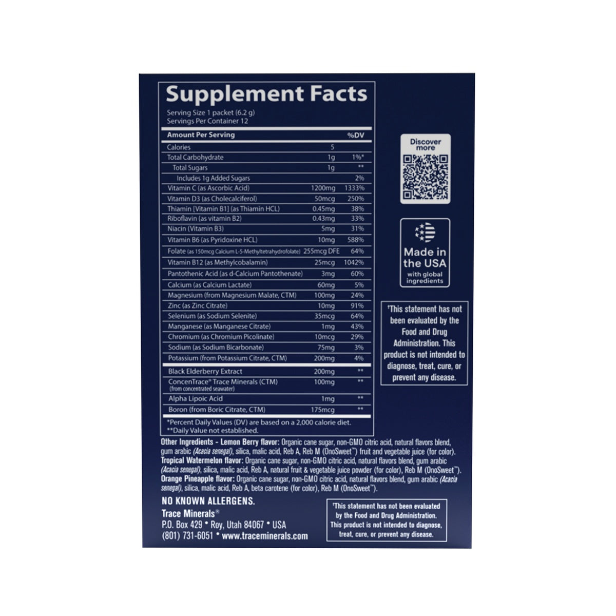TM181 | Supplement Facts panel for Trace Minerals drink mix with QR code, made in the USA badge, and ingredients