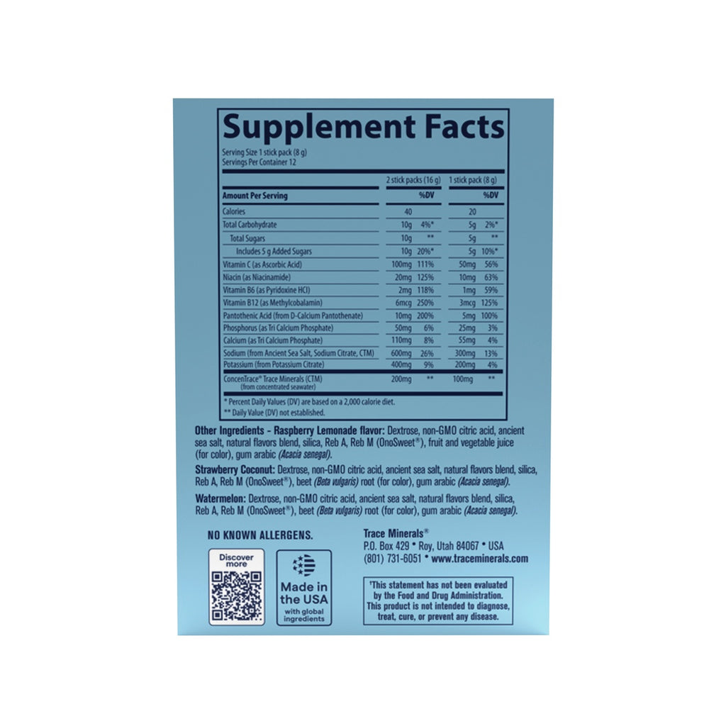 TM182 | Supplement Facts panel for Trace Minerals drink mix with flavors, ingredients, and QR code - Thumbnail