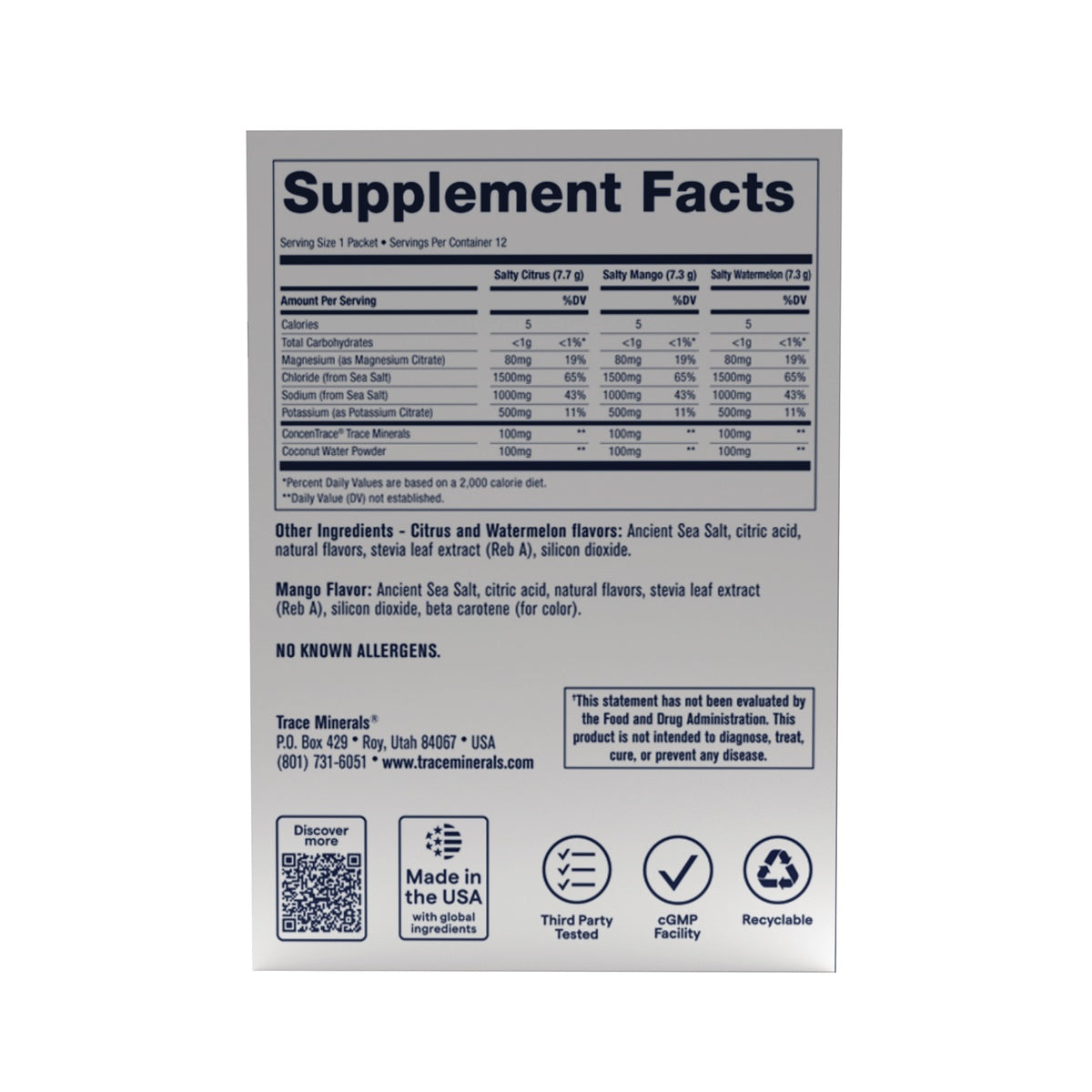 TM183 | Supplement Facts panel for Trace Minerals electrolyte drink mix, with flavors and ingredients listed