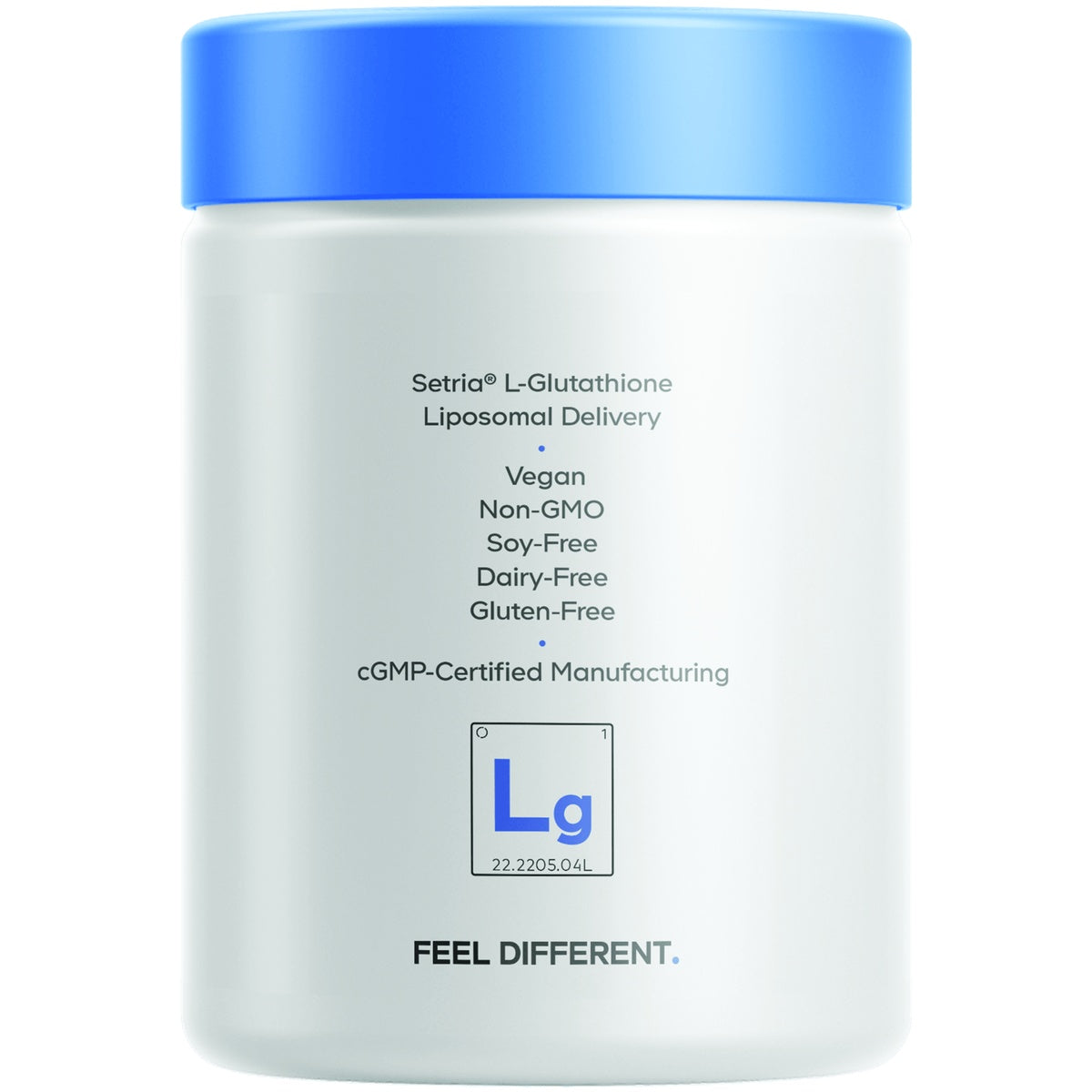 CDG072 | Setria L-Glutathione supplement bottle with blue lid, vegan, non-GMO, soy-free, dairy-free, gluten-free