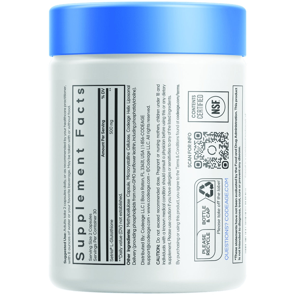 CDG072 | Codeage liposomal glutathione supplement bottle label with NSF certified and recycling icons