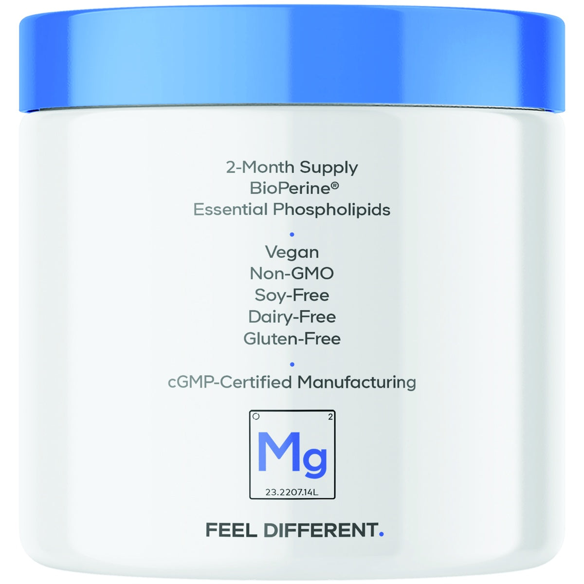 CDG073 | Supplement jar with blue lid labeled 2-Month Supply, BioPerine, Vegan, Non-GMO, Soy-Free, Dairy-Free, Gluten-Free