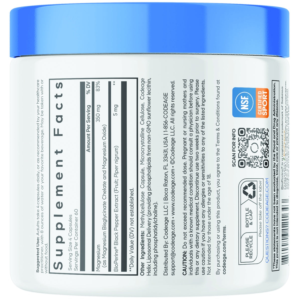 CDG073 | Supplement Facts panel for magnesium capsules with ingredients, directions, and NSF Certified Sport seal