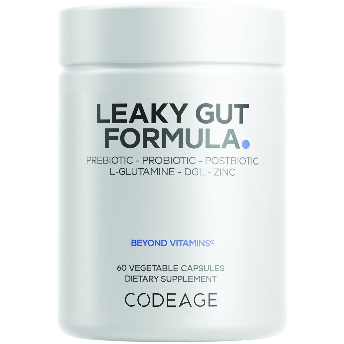 CDG074 | White supplement bottle labeled Leaky Gut Formula by Codeage, 60 vegetable capsules