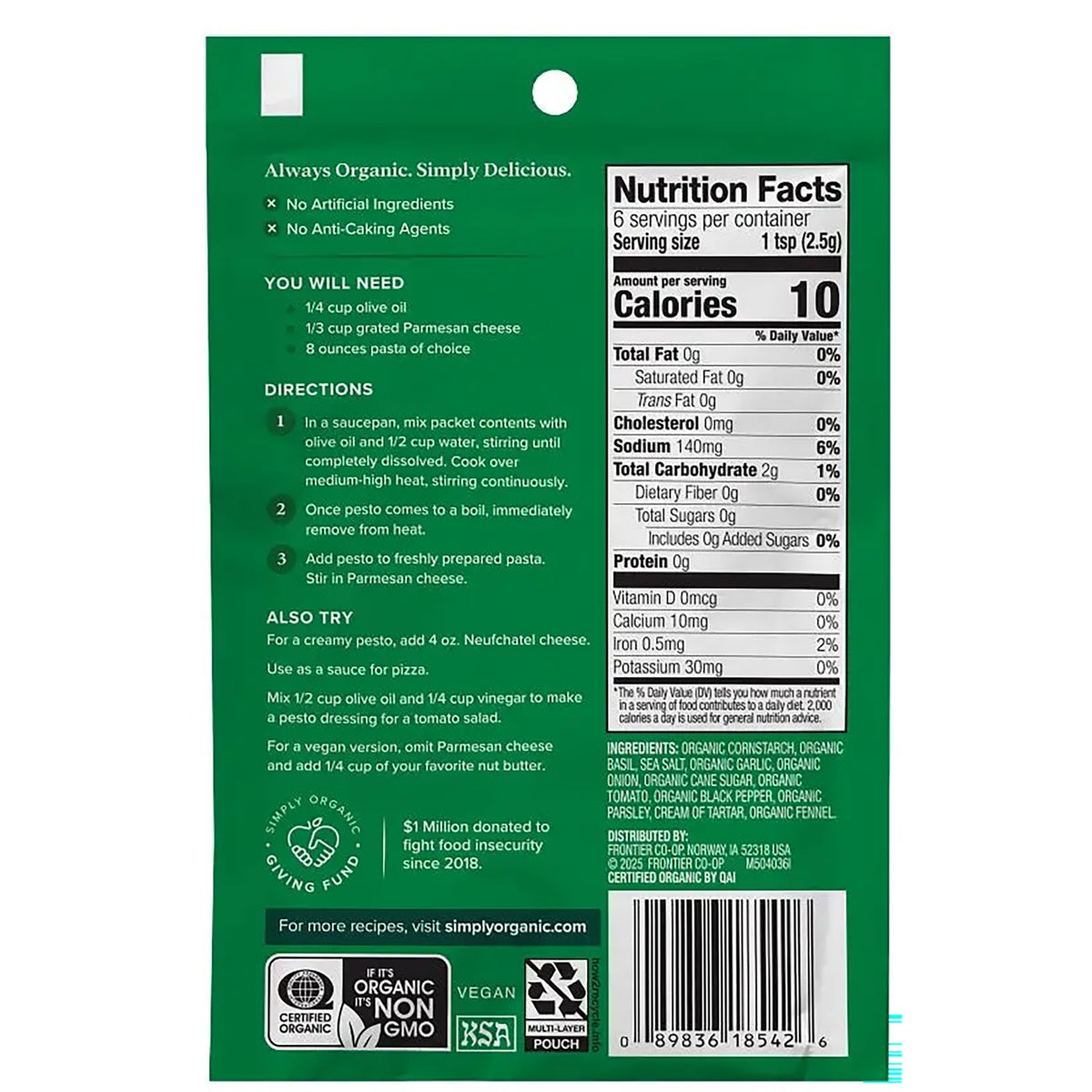 SMP002 | Back of Simply Organic packet with Nutrition Facts, ingredients, directions, QR code, and barcode