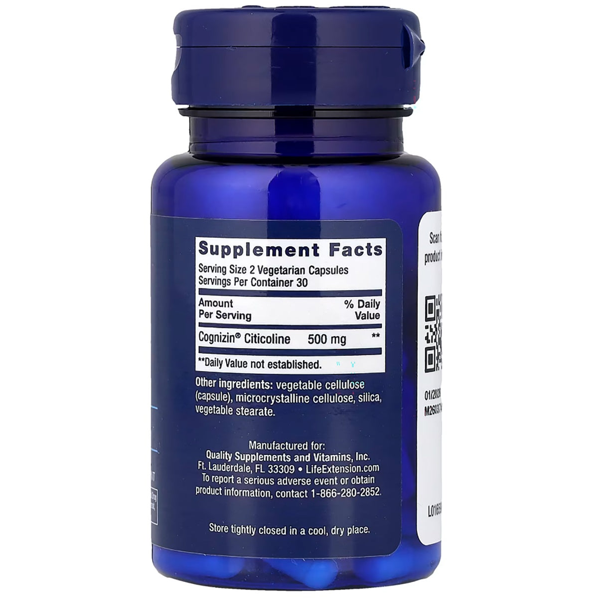 LE580 | back of blue supplement bottle with Supplement Facts listing Cognizin Citicoline 500 mg and ingredients
