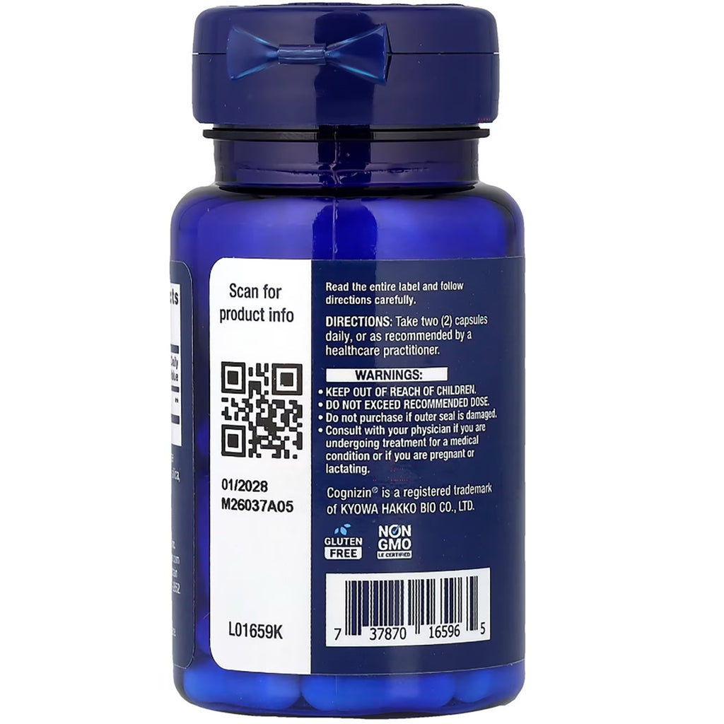 LE580 | back label of blue supplement bottle showing directions, warnings, QR code, expiration 07/2026 and barcode - Thumbnail