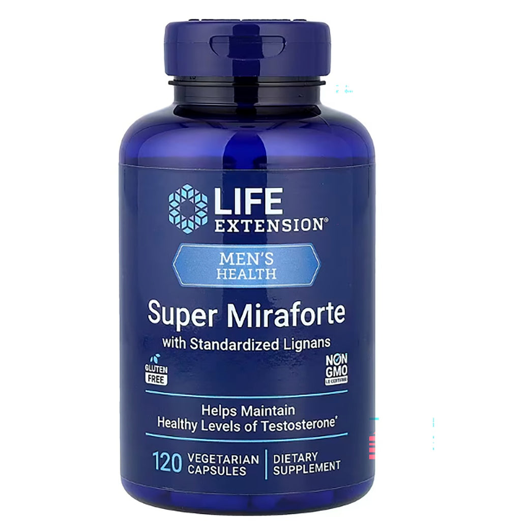 LE399 | Life Extension Super Miraforte bottle front label, 120 vegetarian capsules, helps maintain healthy testosterone levels - Thumbnail