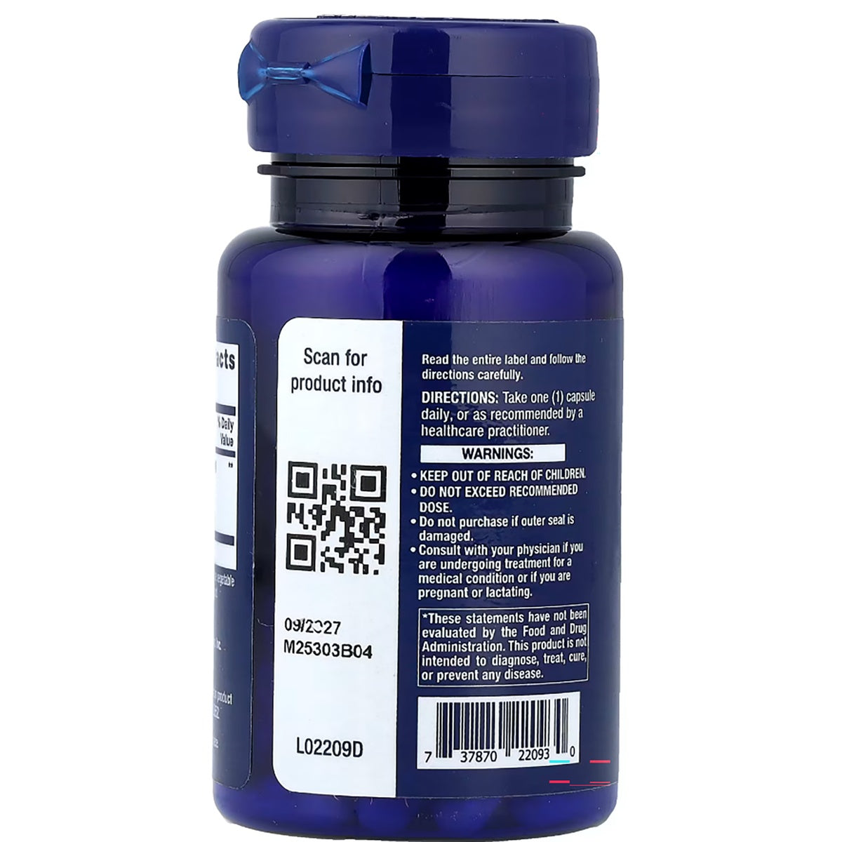 LE455 | Back label of a blue supplement bottle with QR code, directions, warnings, and barcode