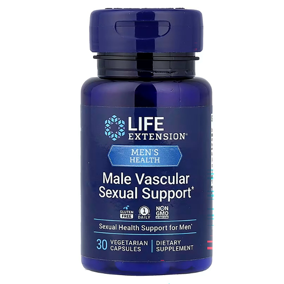 LE455 | Blue bottle labeled LIFE EXTENSION Male Vascular Sexual Support 30 vegetarian capsules dietary supplement