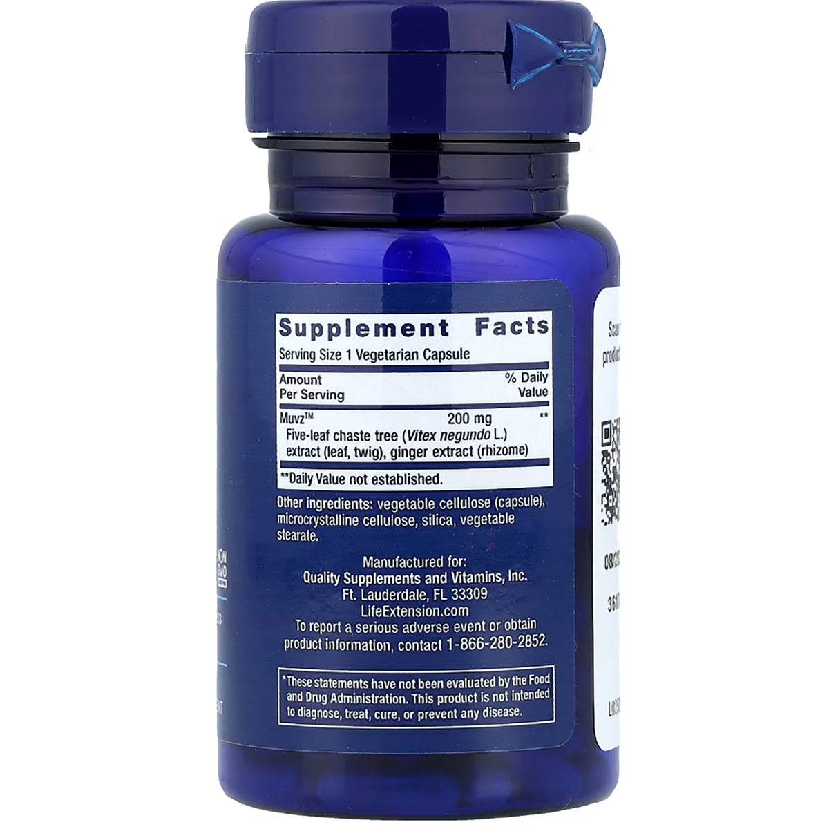LE595 | Back of blue supplement bottle showing Supplement Facts panel with ingredients and manufacturer information