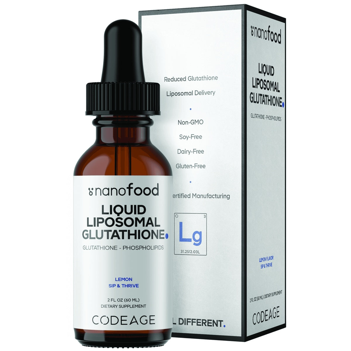 CDG079 | Nanofood Liquid Liposomal Glutathione dietary supplement bottle and box, lemon flavor