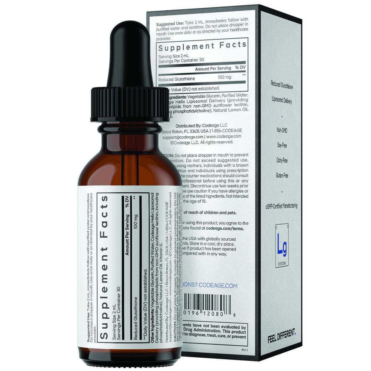 CDG079 | Liposomal reduced glutathione supplement bottle with box showing supplement facts and usage instructions