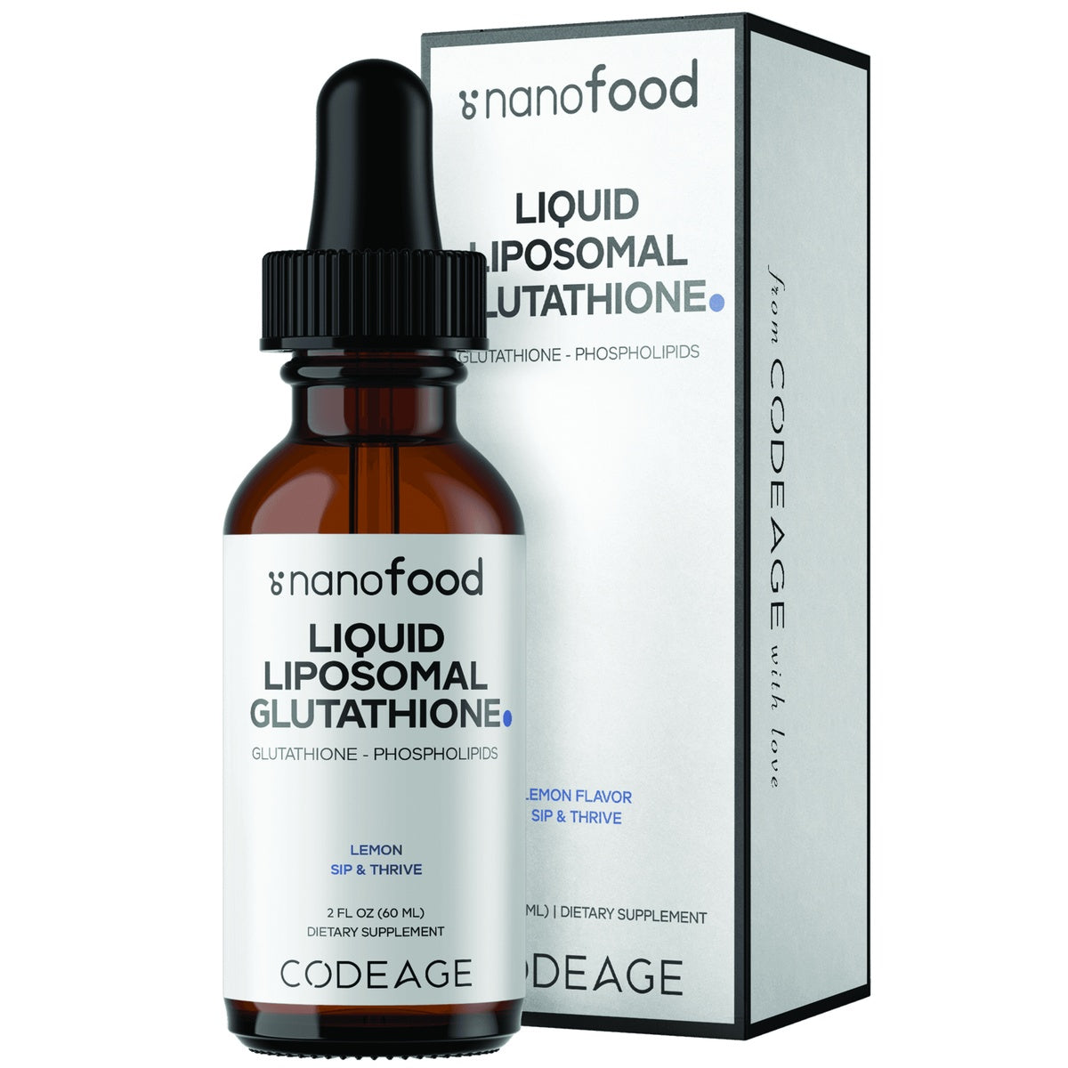 CDG079 | Nanofood Liquid Liposomal Glutathione lemon dietary supplement bottle with box