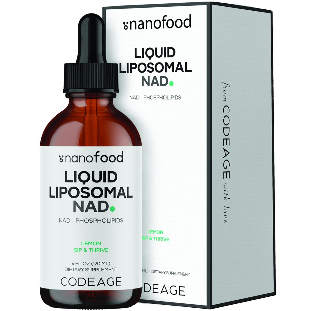 CDG080 | Codeage Liquid Liposomal NAD+ lemon dietary supplement bottle and box - Thumbnail