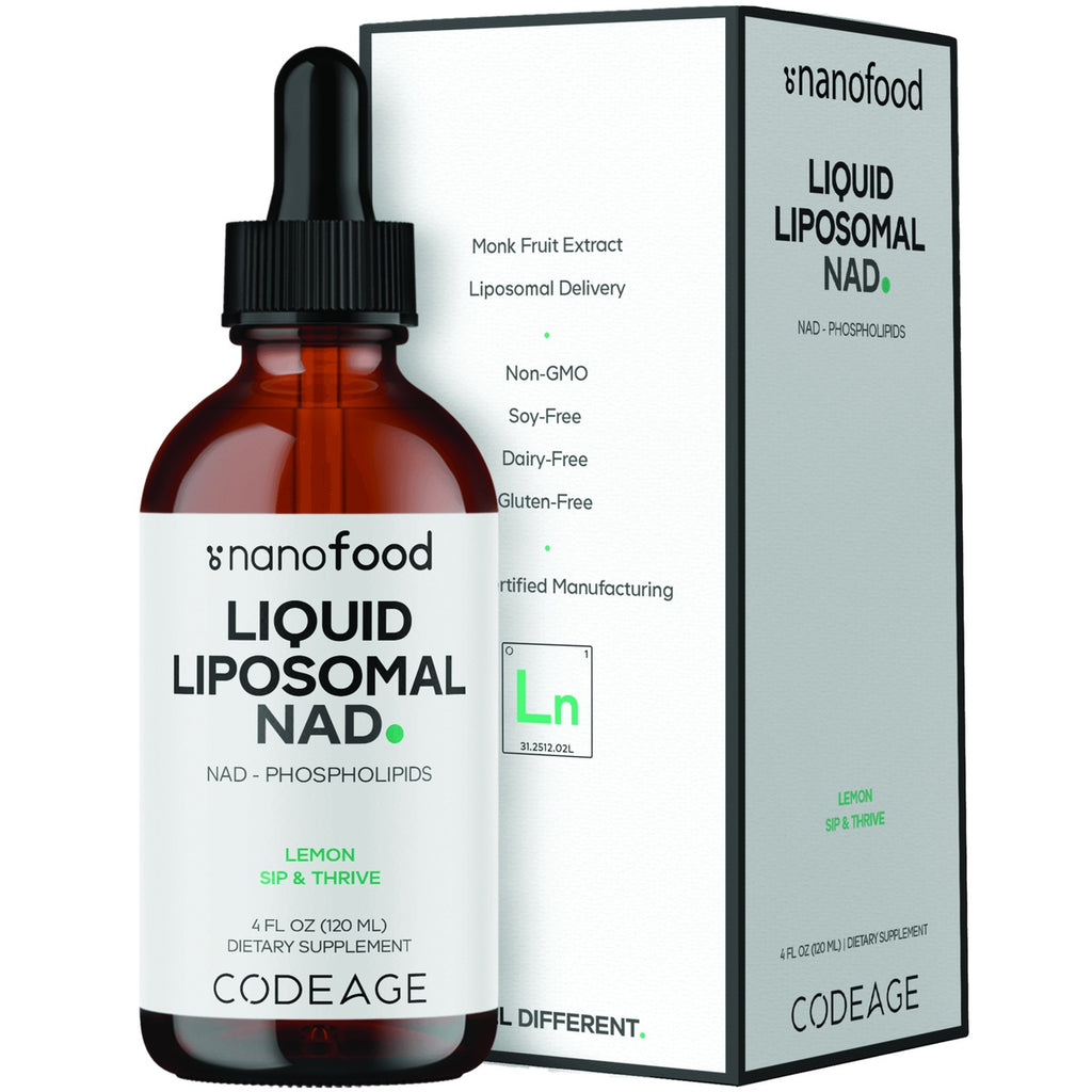 CDG080 | Codeage Nanofood Liquid Liposomal NAD+ lemon dietary supplement bottle and box - Thumbnail
