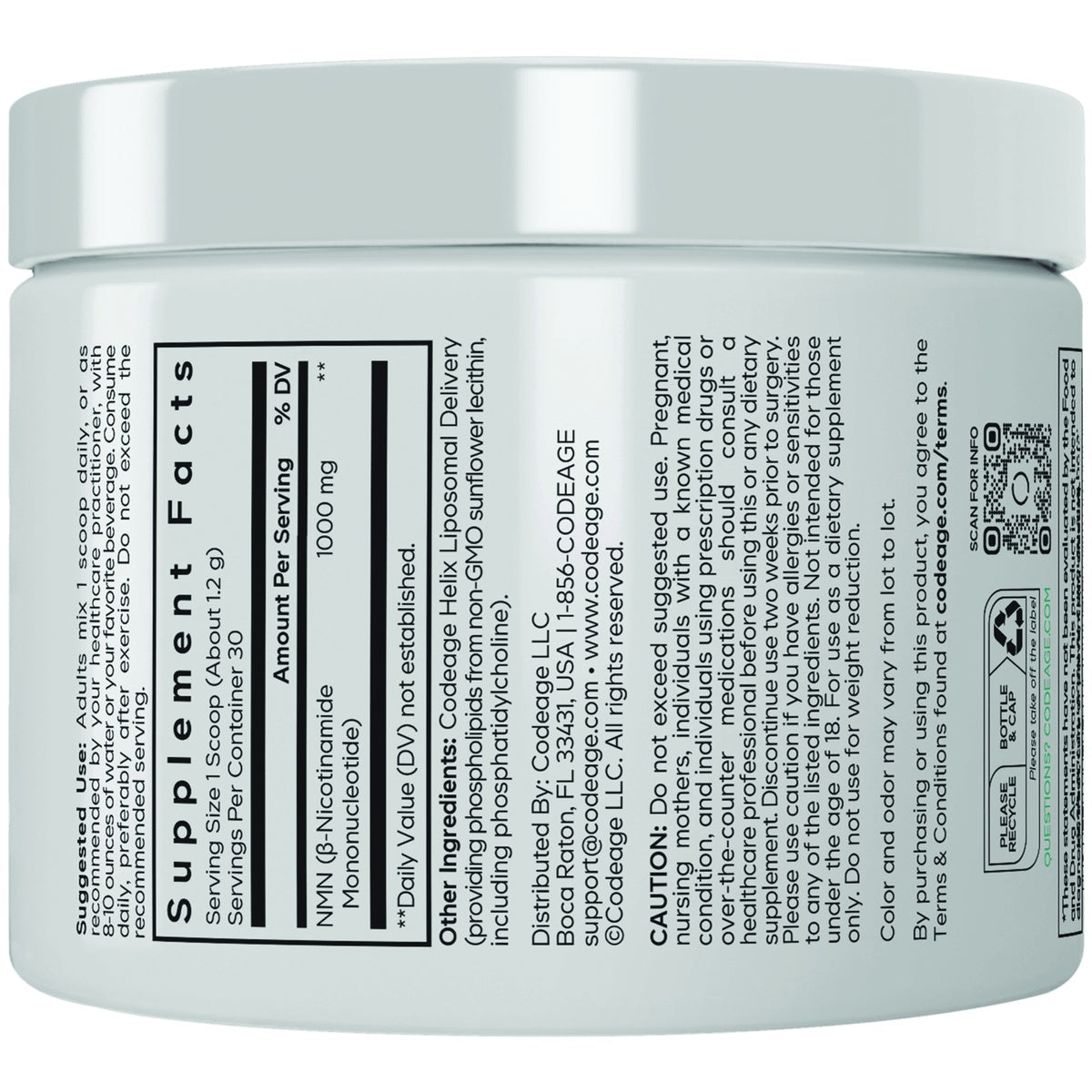 CDG081 | Supplement facts label for Codeage NMN, 1000 mg per serving, with ingredients and caution text