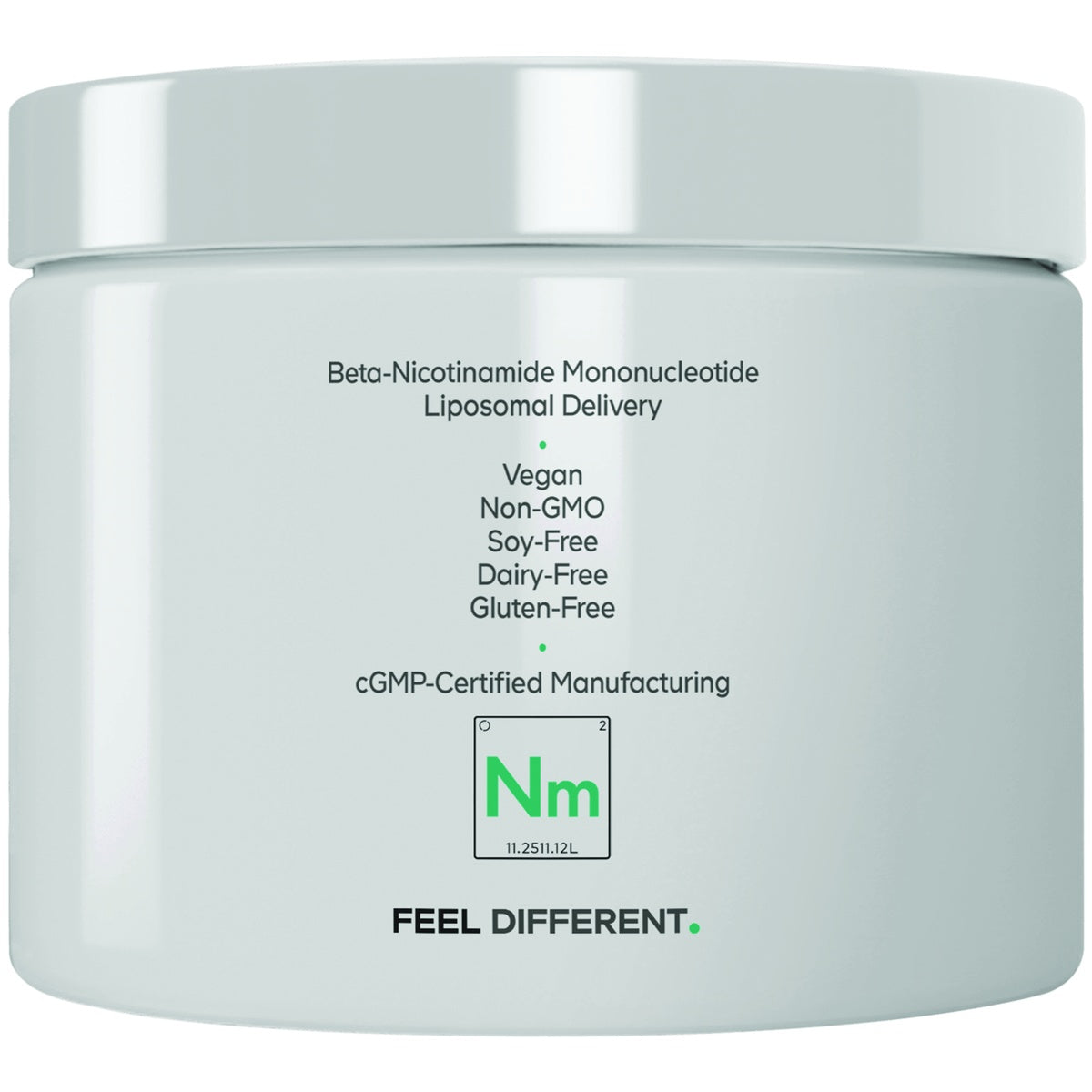 CDG081 | Beta-Nicotinamide Mononucleotide supplement jar with vegan, non-GMO, and cGMP-certified claims