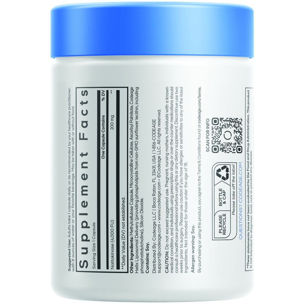 CDG082 | Supplement Facts panel for a Codeage bottle showing Natto kinase, ingredients, warnings, and QR code - Thumbnail