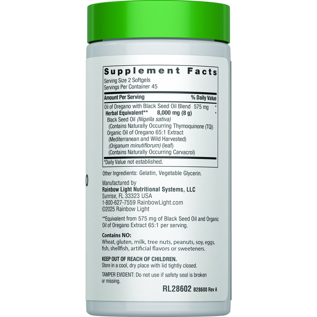 RBL180 | Supplement Facts panel for Rainbow Light Oil of Oregano with Black Seed Oil Blend softgels