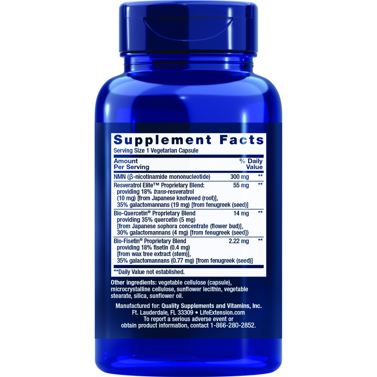 LE600 | Supplement Facts label for a vegetarian capsule supplement with NMN, resveratrol, quercetin, and fisetin