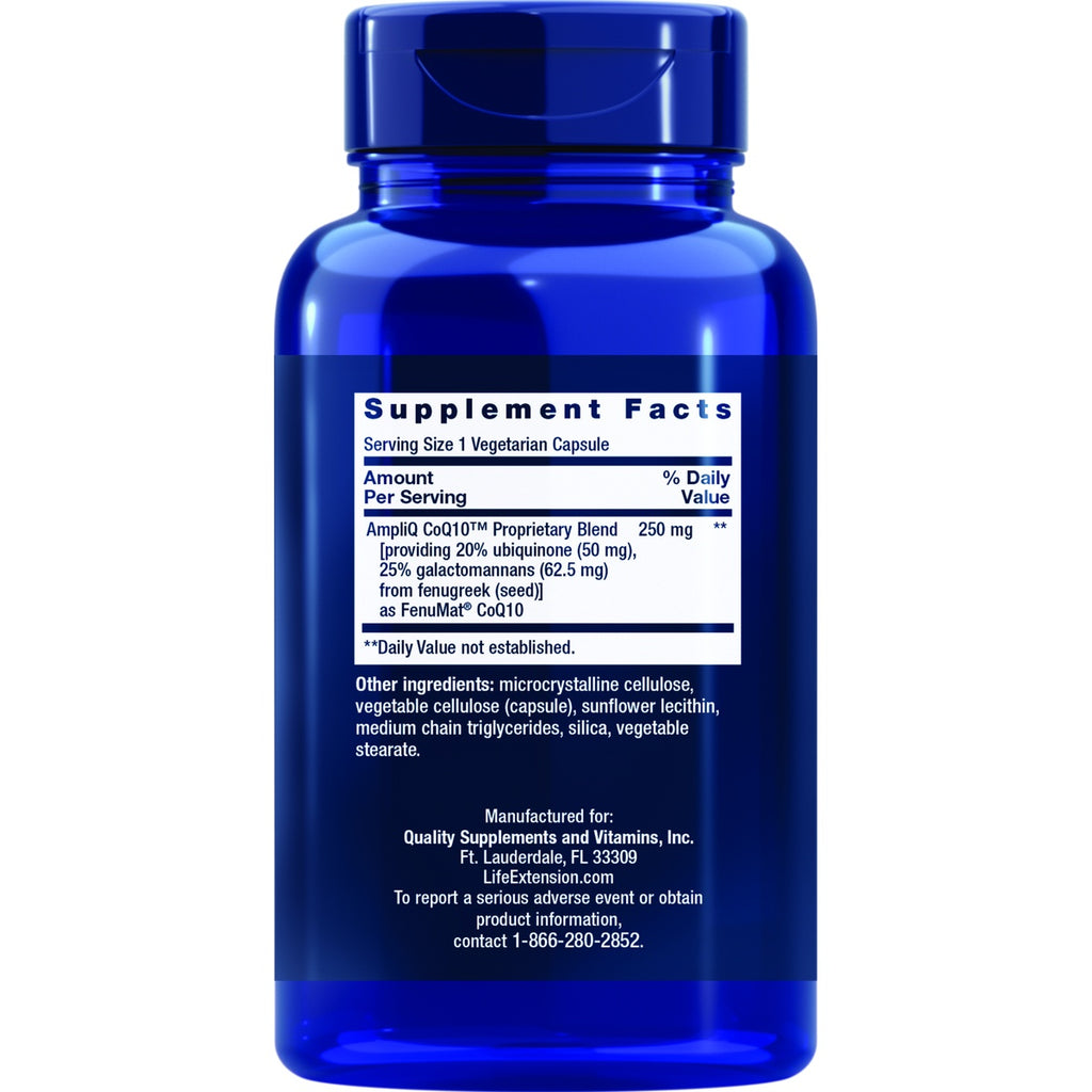 LE602 | Supplement Facts panel on blue bottle for AmpliQ CoQ10 proprietary blend, 1 vegetarian capsule - Thumbnail