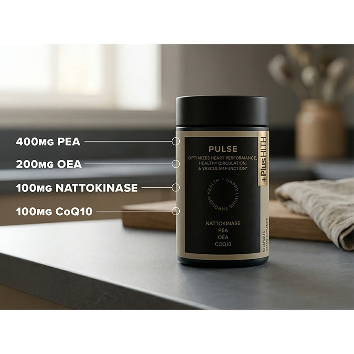 CV057 | Pulse supplement bottle infographic showing 400mg PEA, 200mg OEA, 100mg nattokinase, and 100mg CoQ10