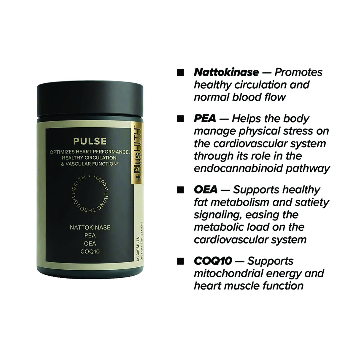 CV057 | PULSE supplement bottle with ingredient callouts for nattokinase, PEA, OEA, and CoQ10