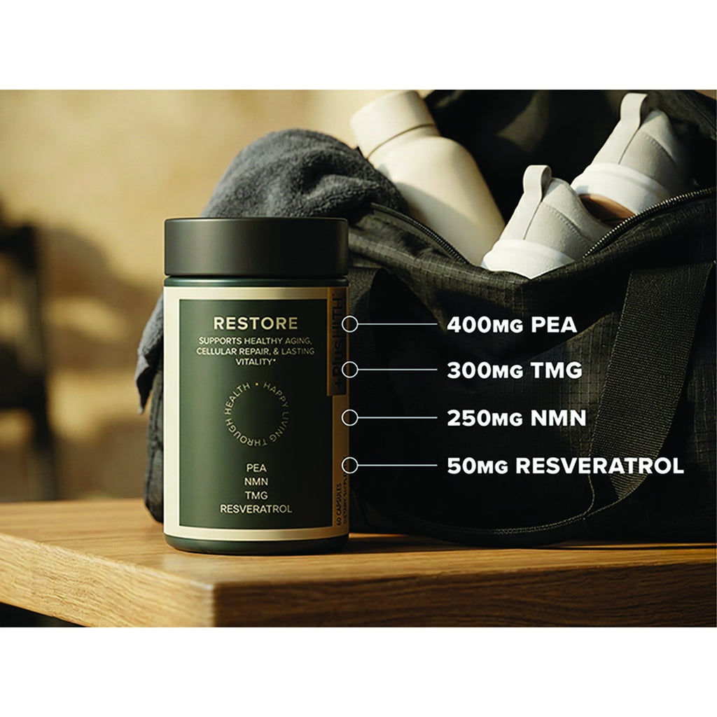 CV058 | Restore supplement bottle with 400 mg PEA, 300 mg TMG, 250 mg NMN, and 50 mg resveratrol - Thumbnail