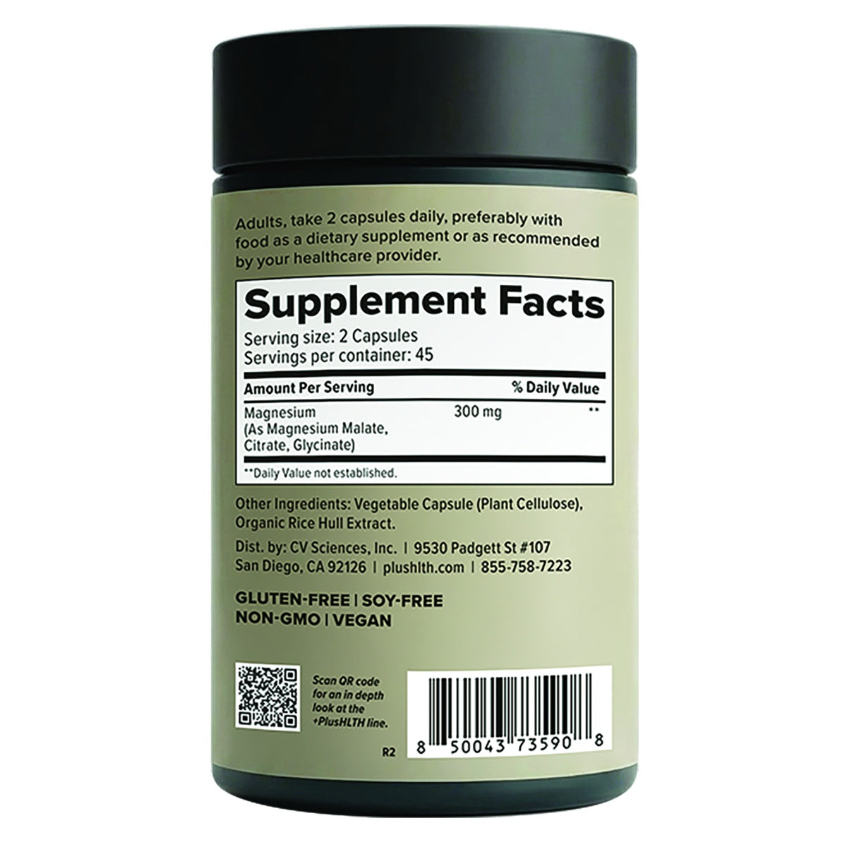 CV059 | Back label of PlusHLTH magnesium supplement with Supplement Facts, dosage, ingredients, and barcode