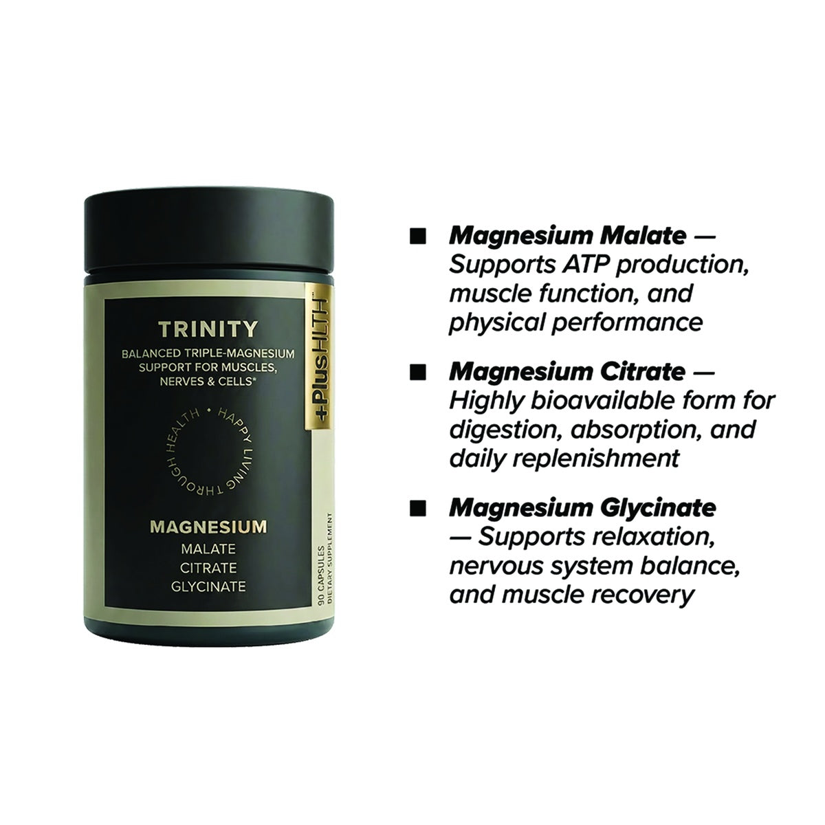 CV059 | Trinity magnesium supplement bottle with three magnesium forms and benefits listed